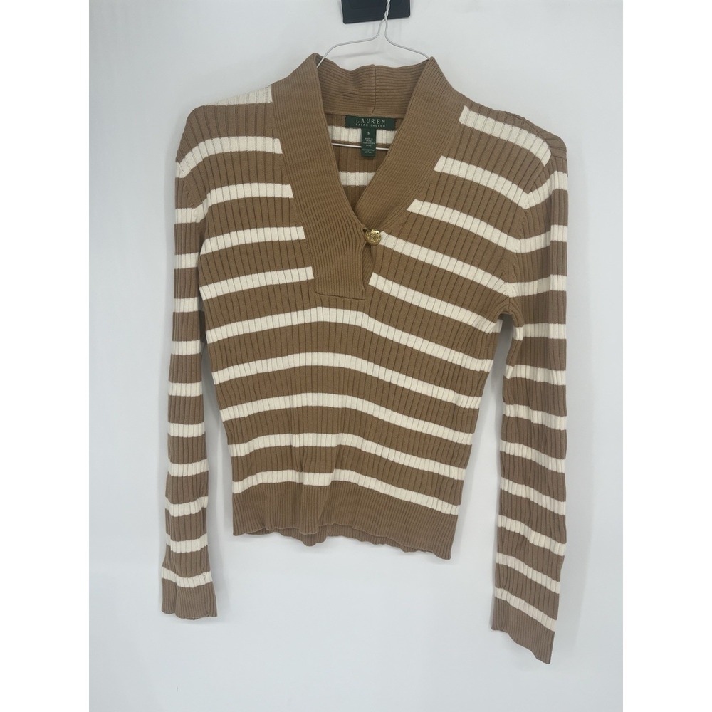 Lauren Ralph Lauren Sweater Women Medium Brown Striped V Neck Pullover